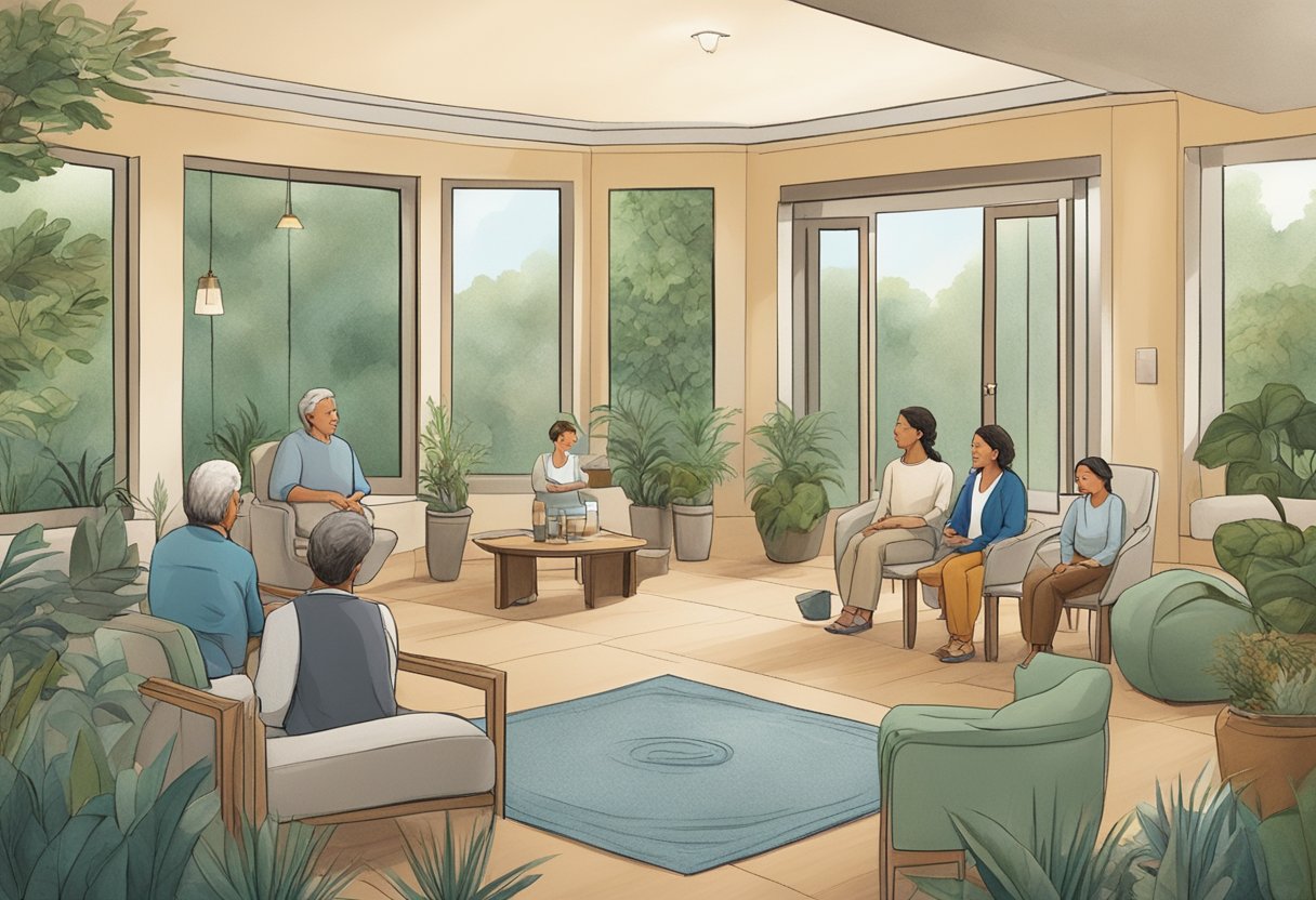 A serene setting with a person's perspective, showing various treatment options for tinnitus such as sound therapy, counseling, and hearing aids