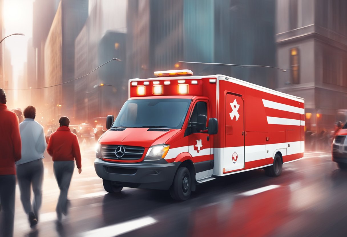 A red and white ambulância sus races through city streets, sirens blaring, as it rushes to a scene of urgent need