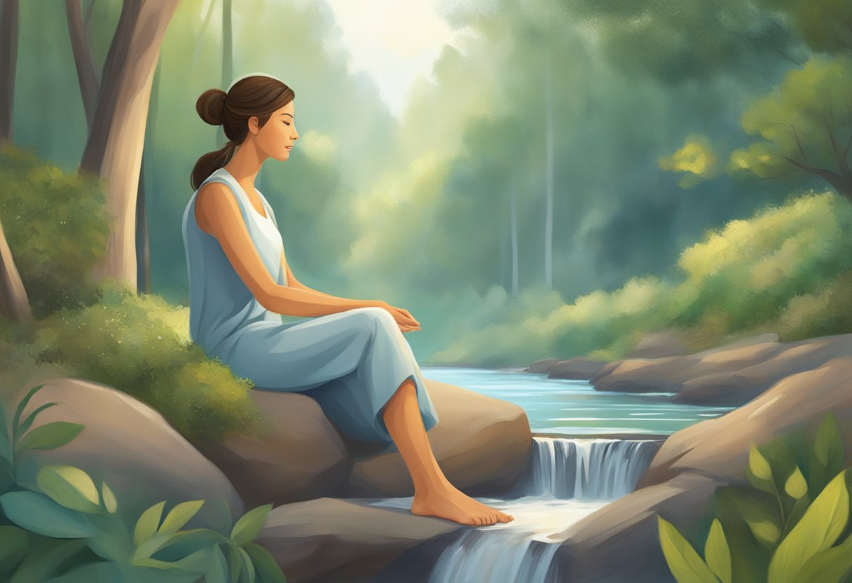 A serene figure sits in a peaceful environment, surrounded by calming elements like nature, soft lighting, and soothing sounds, symbolizing relief from tinnitus