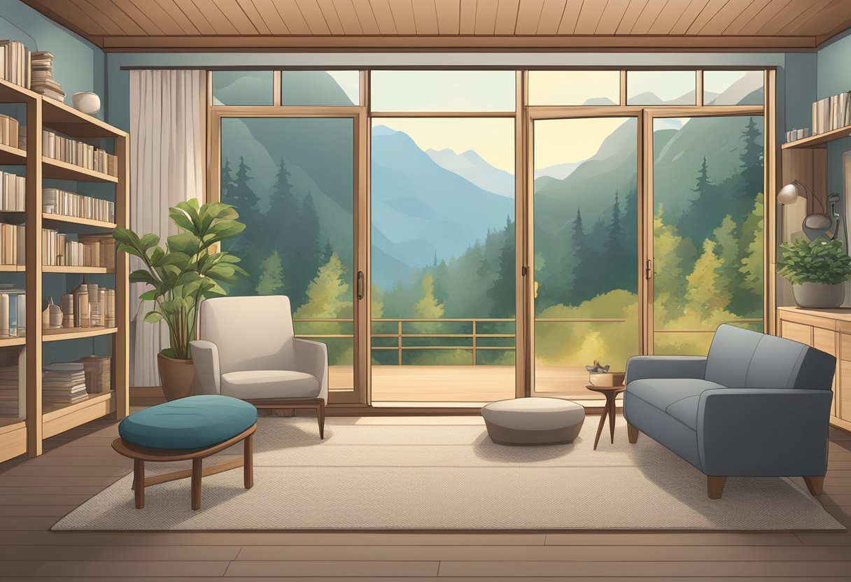 A serene setting with various treatment options for tinnitus, including sound therapy, counseling, and medication, displayed in a calming and organized manner