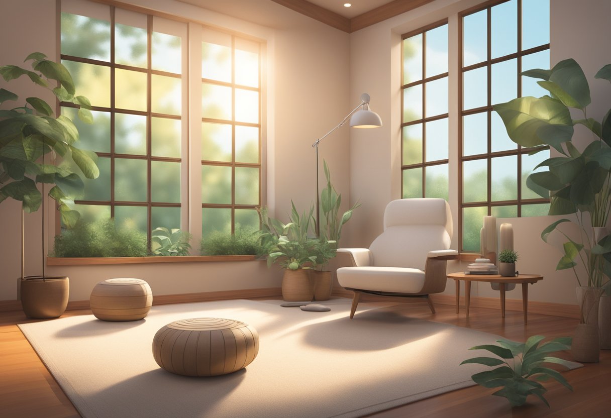 A serene room with soft lighting, a comfortable chair, and a variety of sound therapy devices. Gentle music and calming nature sounds fill the air, creating a peaceful and soothing atmosphere