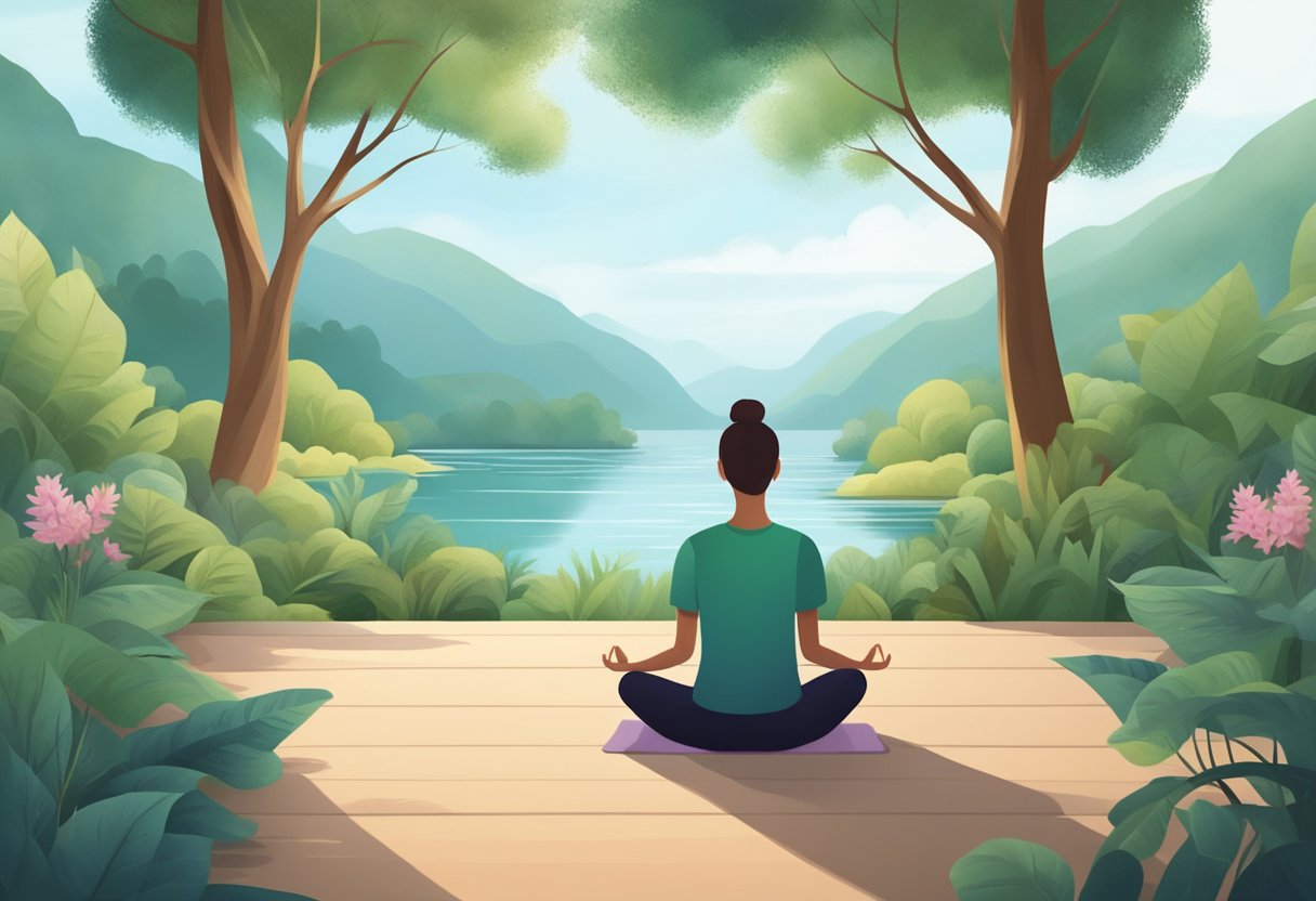 A serene setting with a person meditating or practicing mindfulness, surrounded by calming elements like nature, soothing sounds, and relaxation aids