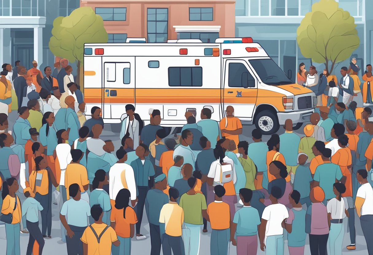 A crowd gathers around a parked ambulance, with people accessing medical services. The scene depicts community engagement and access to emergency care