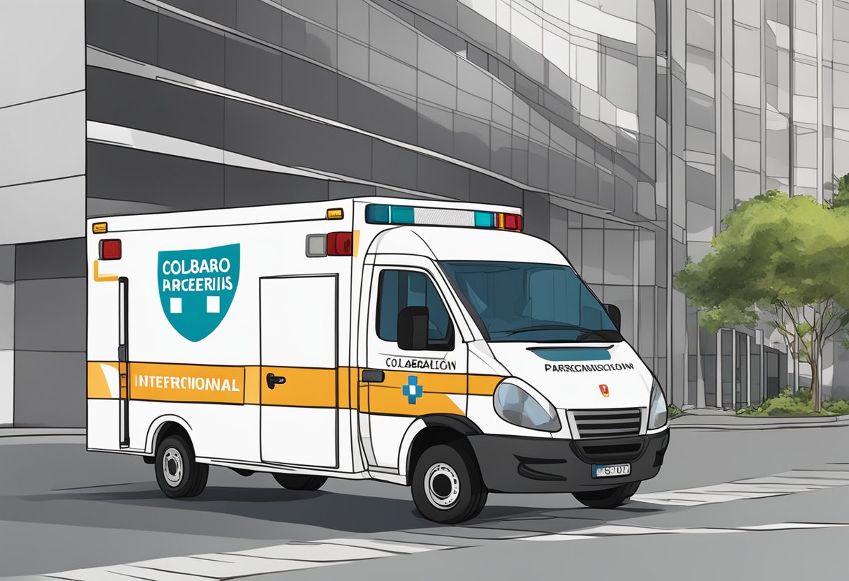 A white ambulance parked next to a hospital entrance, with the words "Colaboração e Parcerias Interinstitucionais" written on the side