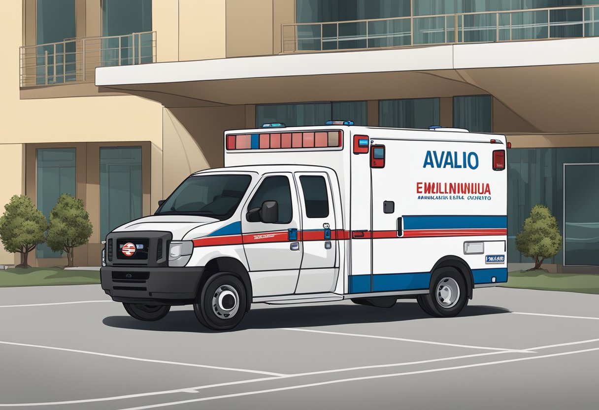 An ambulance with "Avaliação e Melhoria Contínua" written on the side, parked outside a medical facility