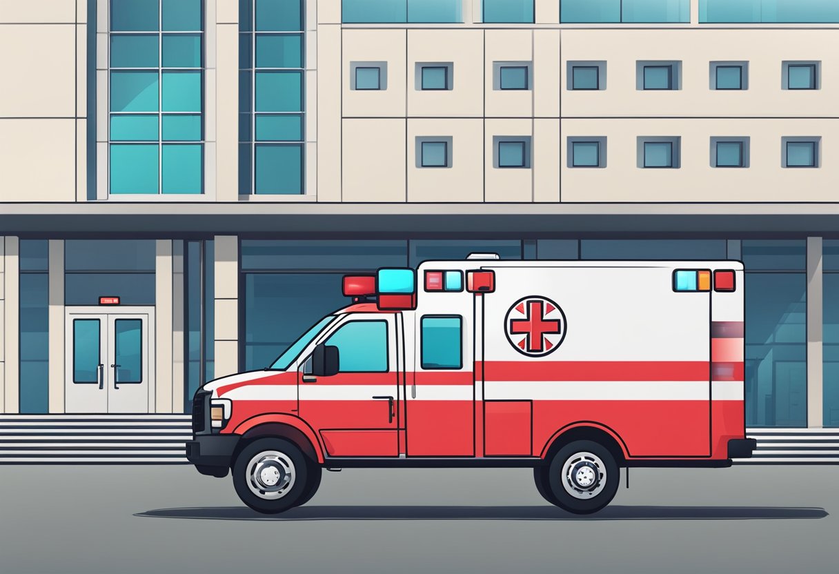 A red ambulance parked outside a hospital, with flashing lights and a medical symbol on the side