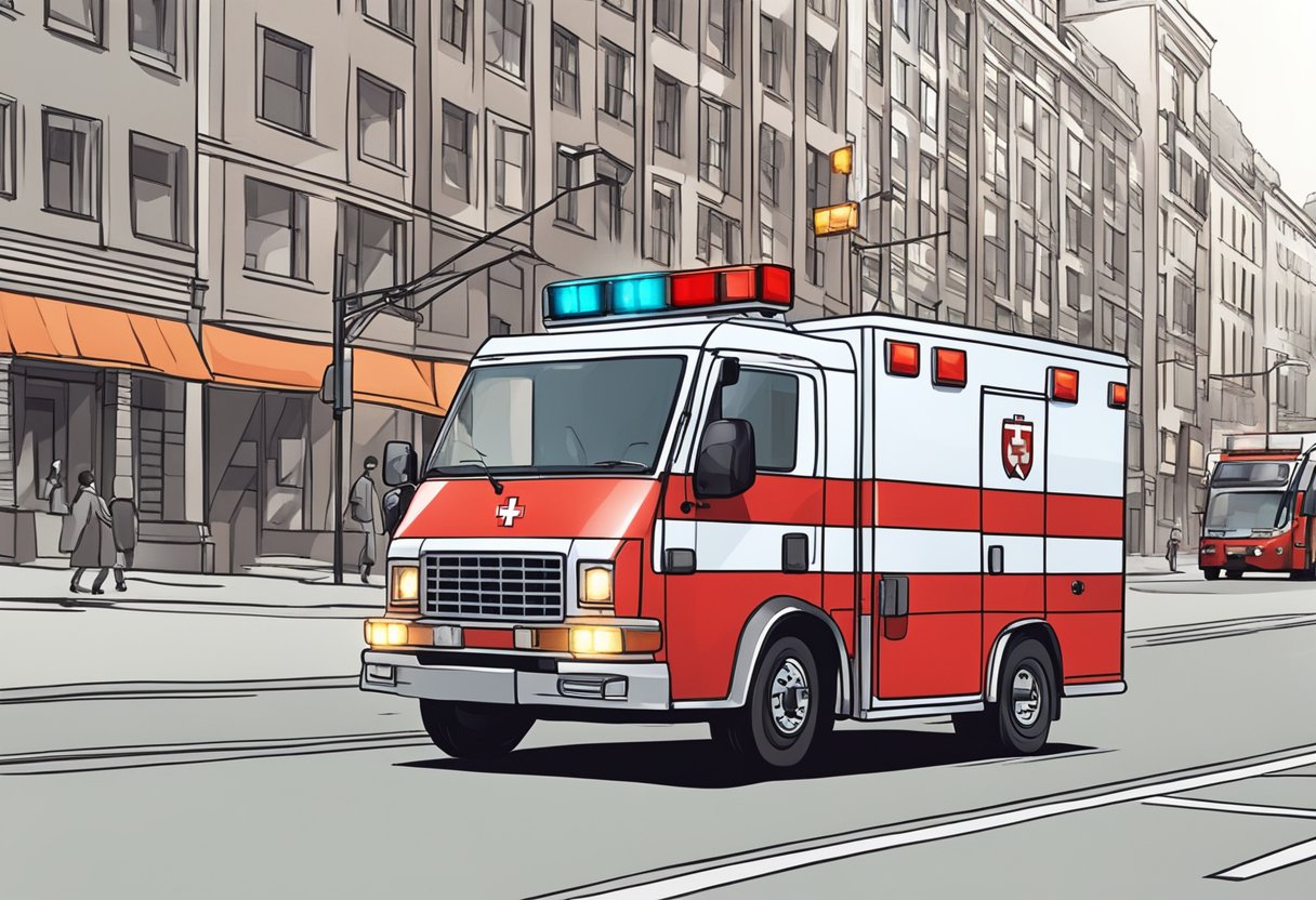 A red ambulance with flashing lights and a siren rushing through city streets