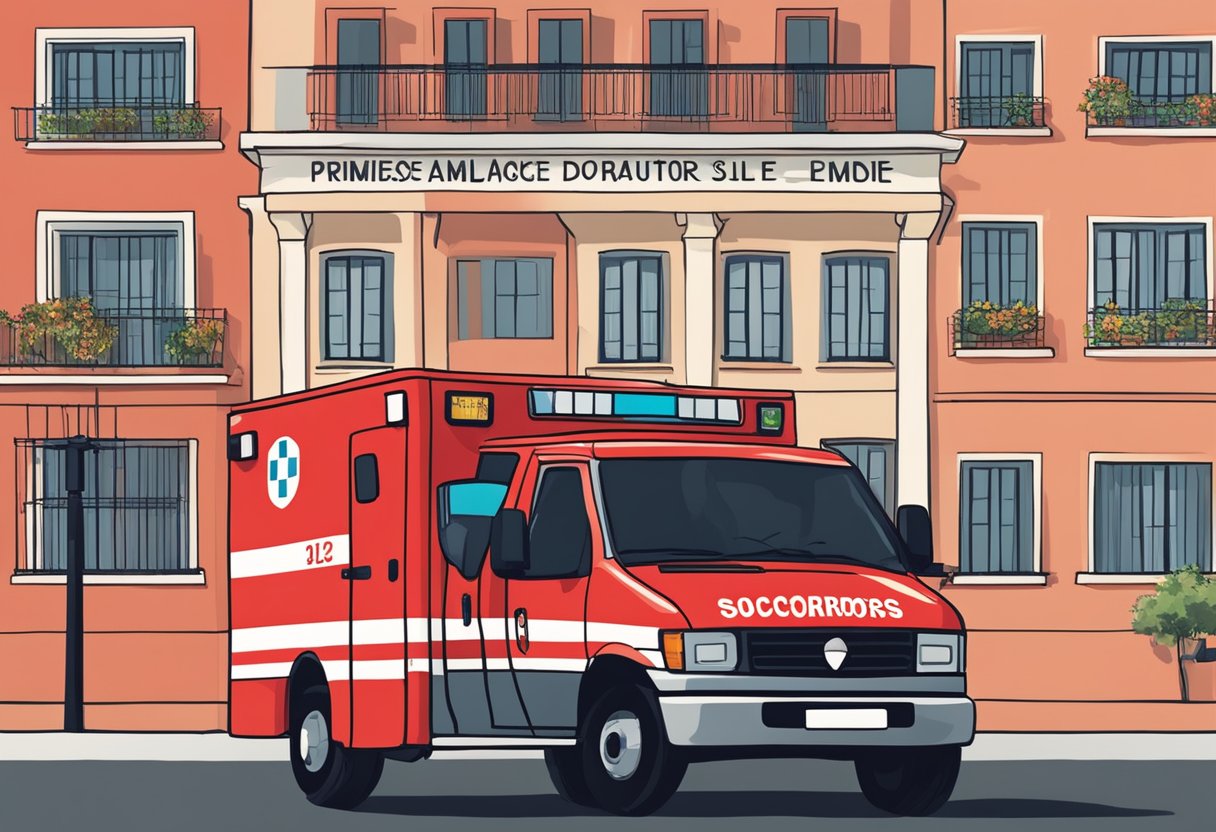 A red ambulance with "Primeiros Socorros e Suporte à Vida" written on the side