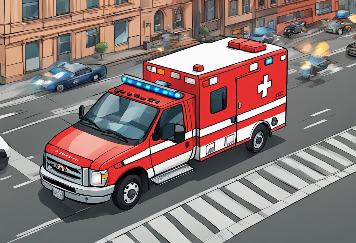 A red ambulance speeding through city streets with sirens blaring