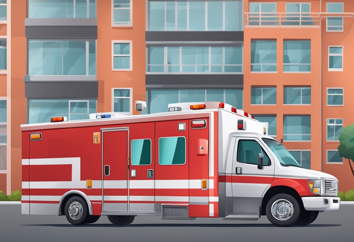 A red ambulance with equipment and accessories parked outside a hospital