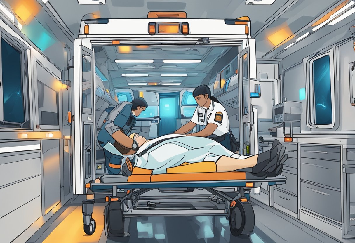 A paramedic tends to a patient inside an ambulance, surrounded by medical equipment and emergency supplies. The patient lies on a stretcher, with bright lights overhead and the sound of sirens in the background