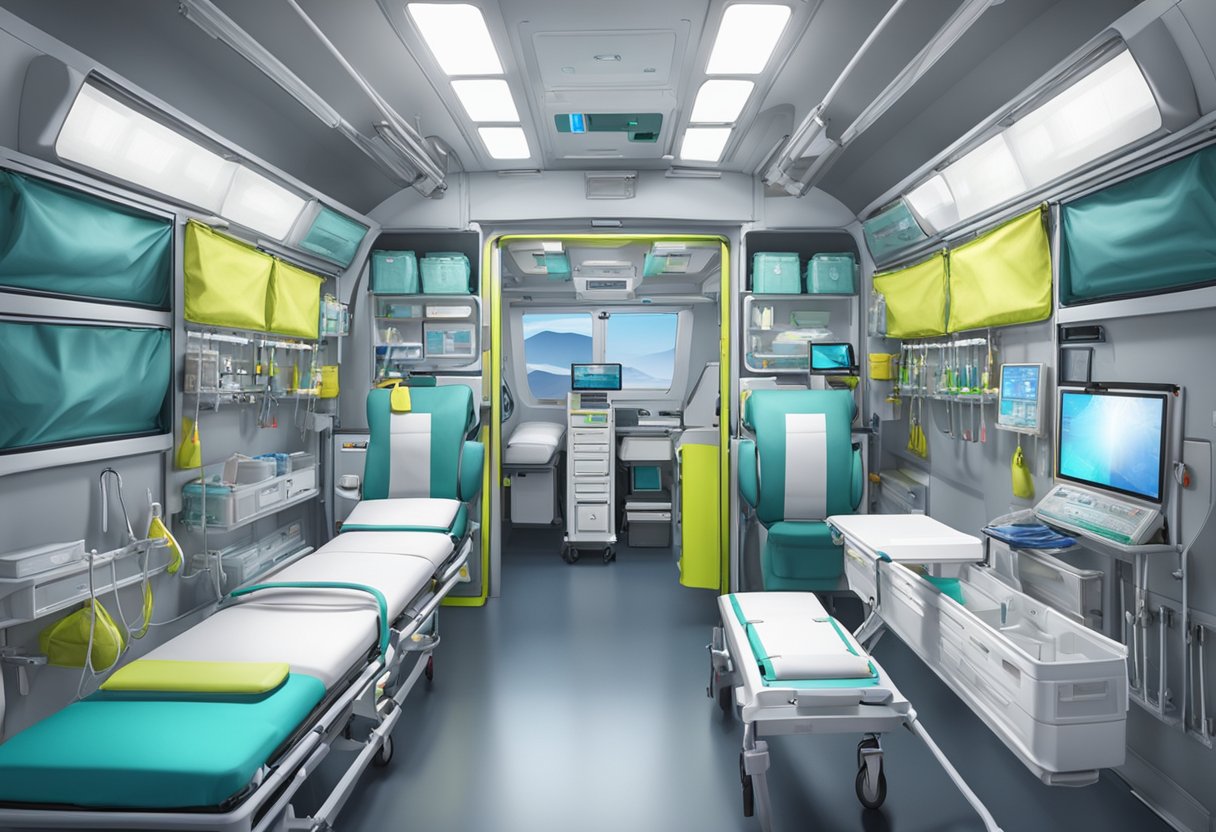 The interior of the ambulance is well-lit, with medical equipment neatly organized and secured. The stretcher is in the center, with various monitors and IV bags attached to the walls