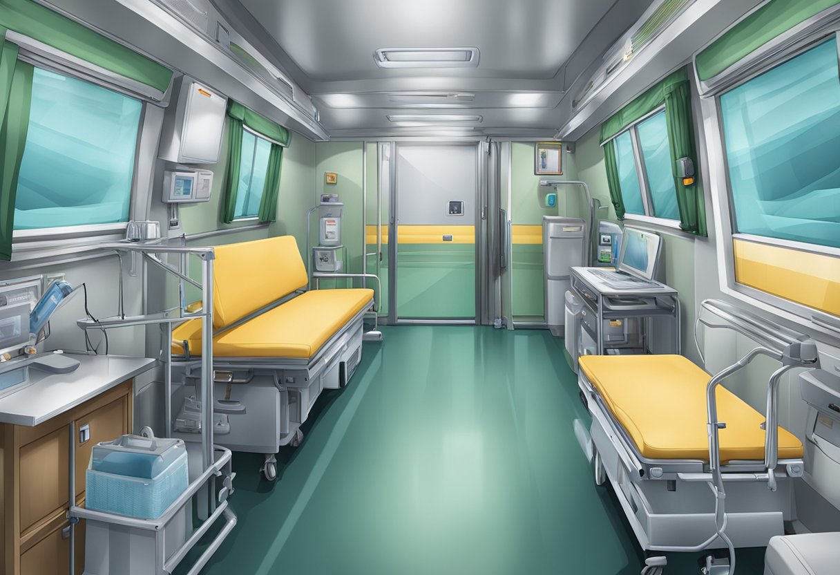 A photo from inside the ambulance, showing privacy curtains and medical equipment