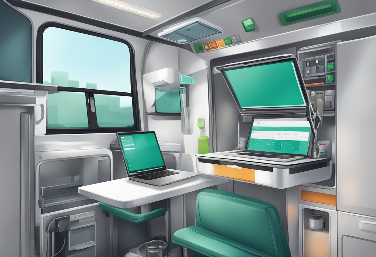 A smartphone and laptop inside an ambulance, with medical equipment and a paramedic's uniform visible