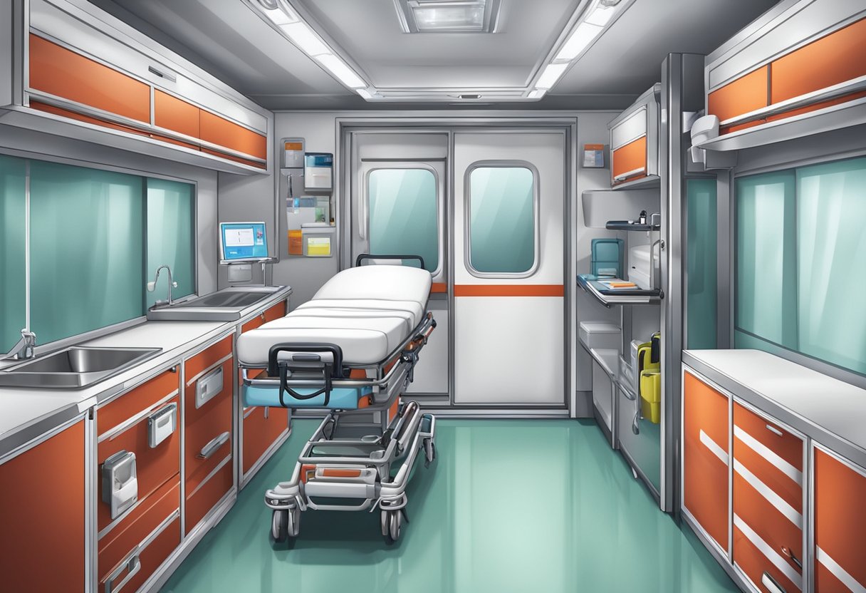 Inside the ambulance, medical equipment is neatly organized on the walls. A stretcher is positioned in the center, ready for a patient