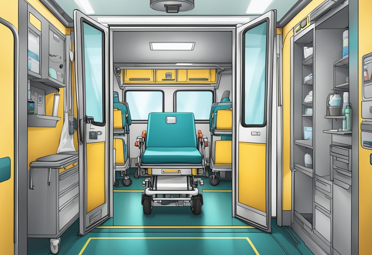 A view from inside the ambulance, showing medical equipment and a stretcher