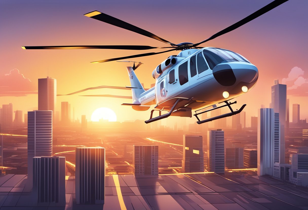 A helicopter ambulance flying over a city at sunset, with its lights flashing and a medical symbol visible on the side