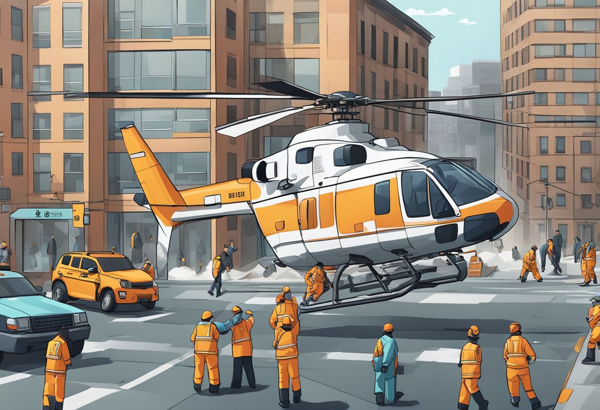 A helicopter ambulance lands in a busy urban area, its rotors spinning as medical personnel rush to assist a patient on a stretcher