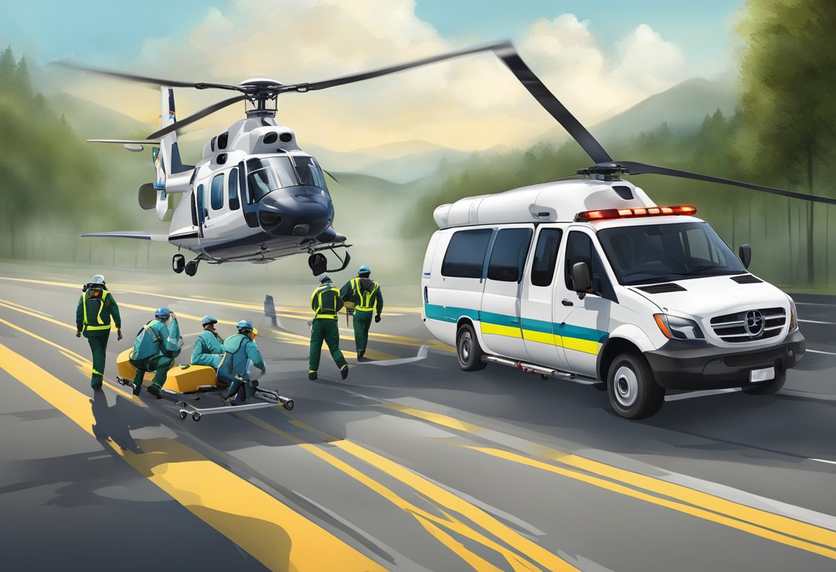 A professional medical helicopter ambulance team training