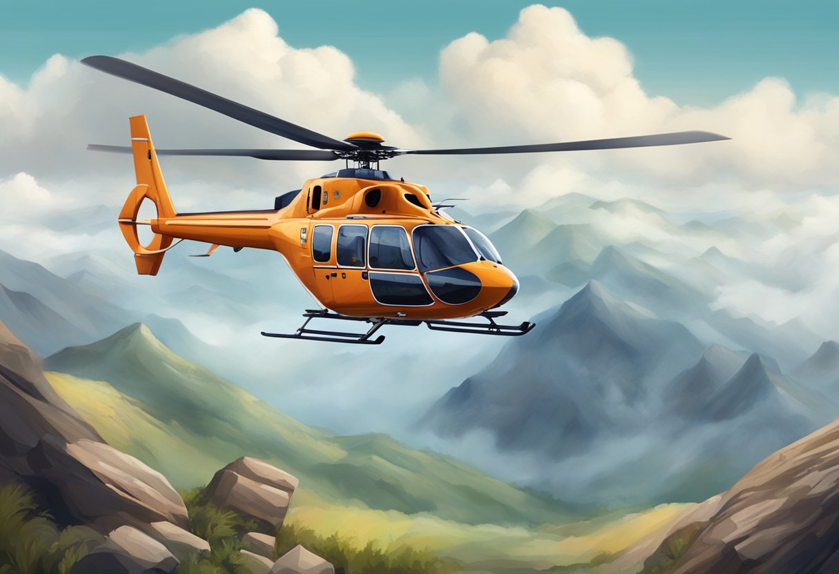 A helicopter ambulance flying over a mountainous terrain, navigating through clouds and approaching a landing pad