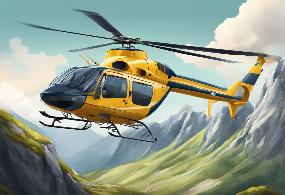 An international helicopter ambulance lands on a remote mountain top