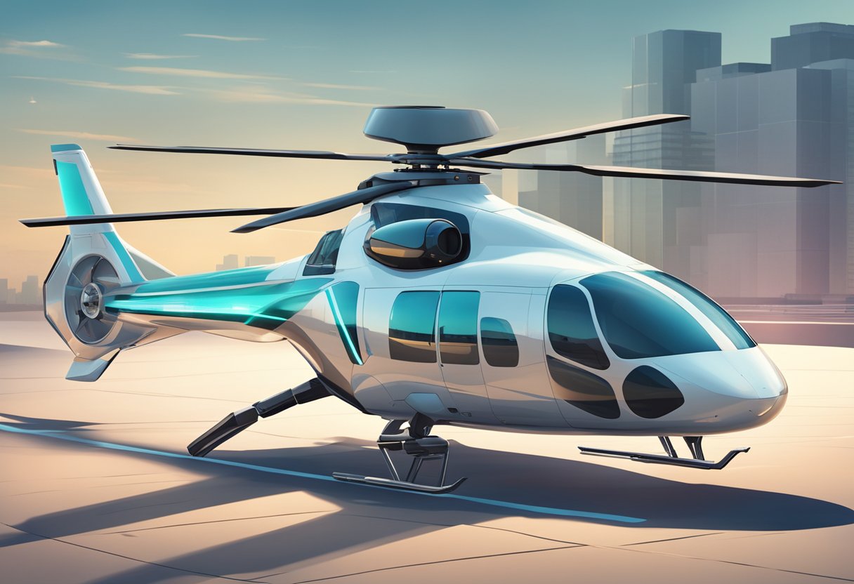 A futuristic ambulance helicopter lands on a helipad