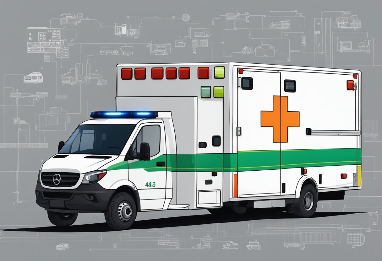 A Unimed ambulance with the number visible, surrounded by logistical and operational processes