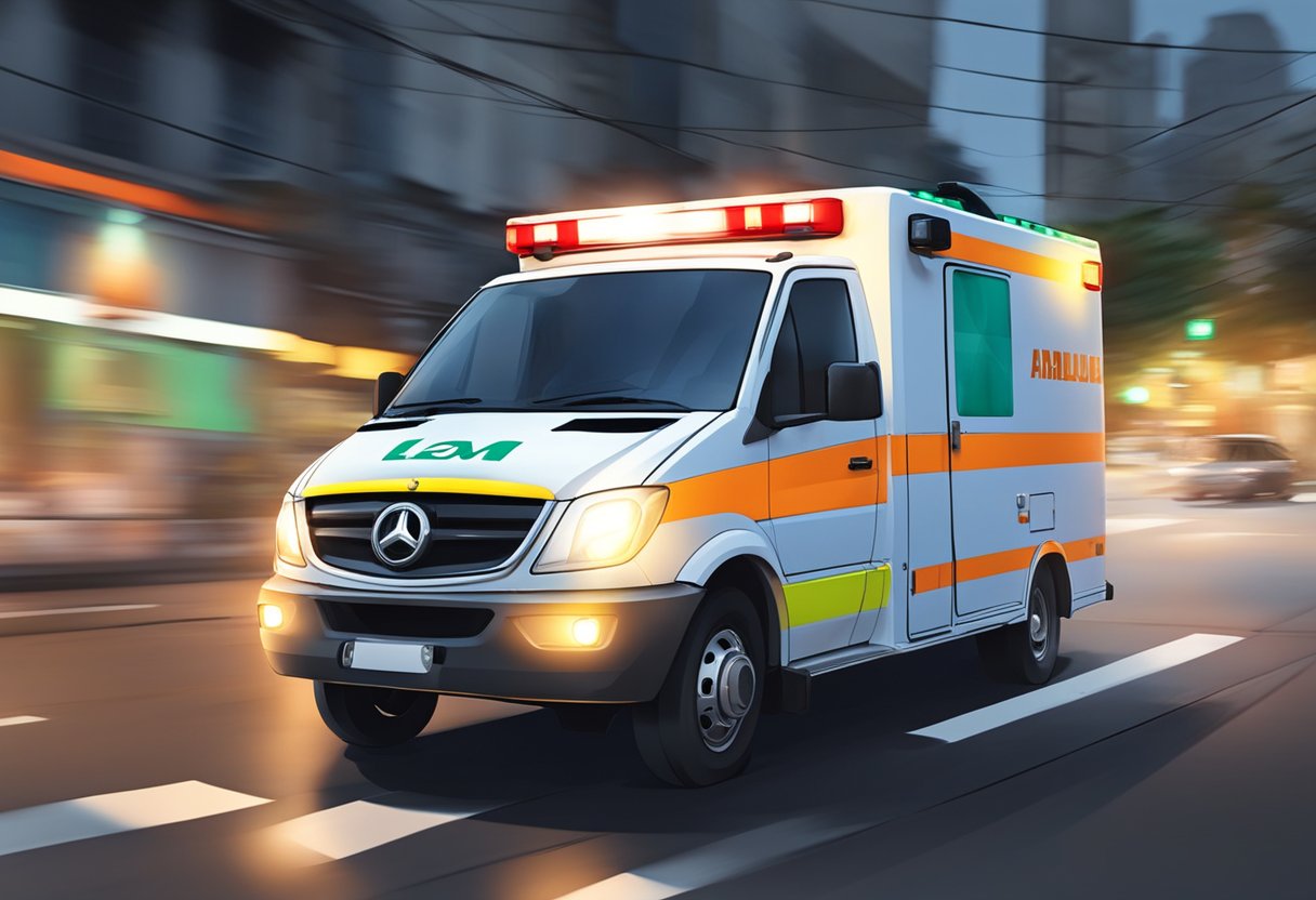 An ambulance speeding through the streets of Leme, São Paulo, with its lights flashing and siren blaring