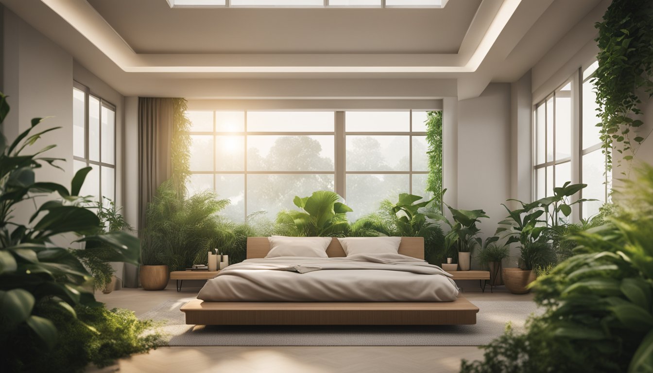 A tranquil bedroom with a bed surrounded by plants, depicting the concept of detoxification during sleep