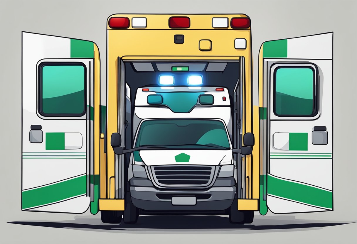 An ambulance with flashing lights and sirens transports a patient following operational protocols