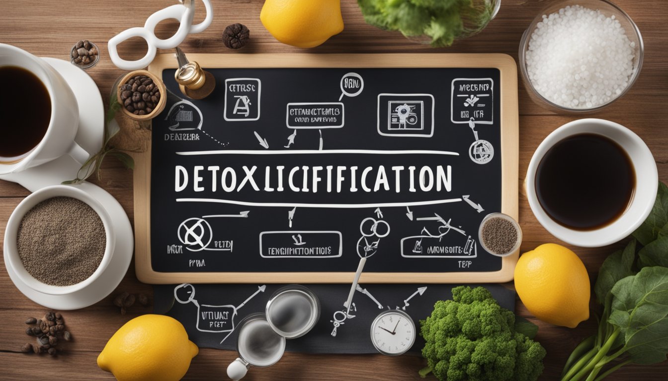 A table with various detoxification tips and strategies, surrounded by symbols representing symptoms of detoxification