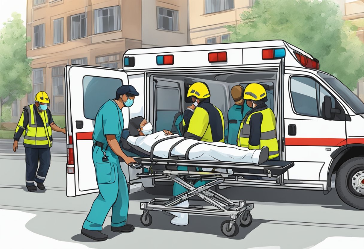 A patient being safely transferred into an ambulance, following technical and safety protocols