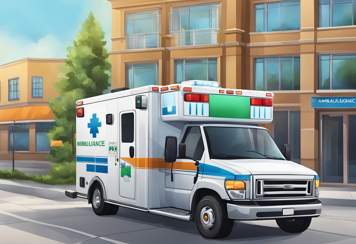 A Unimed ambulance parked outside a building with a phone on the wall for customer service