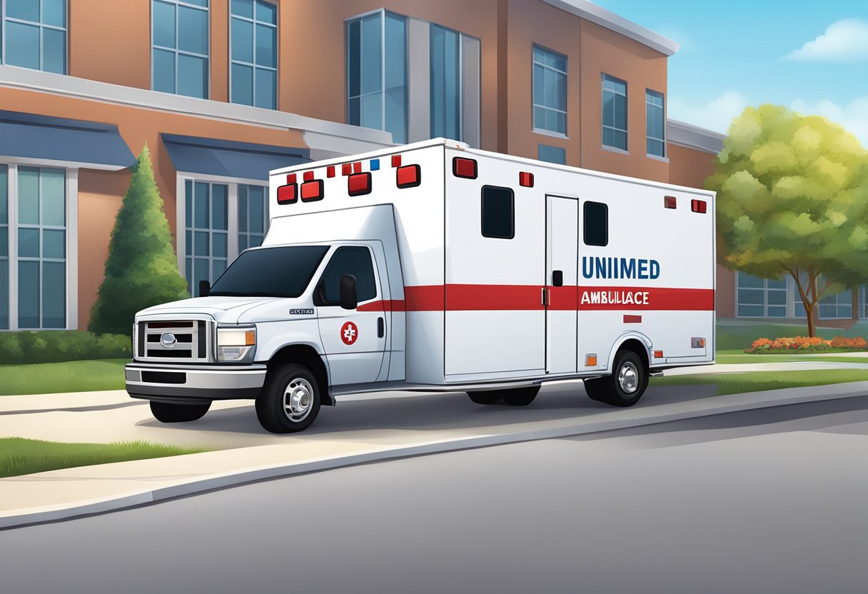 A Unimed ambulance with a phone number on the side, parked outside a healthcare facility