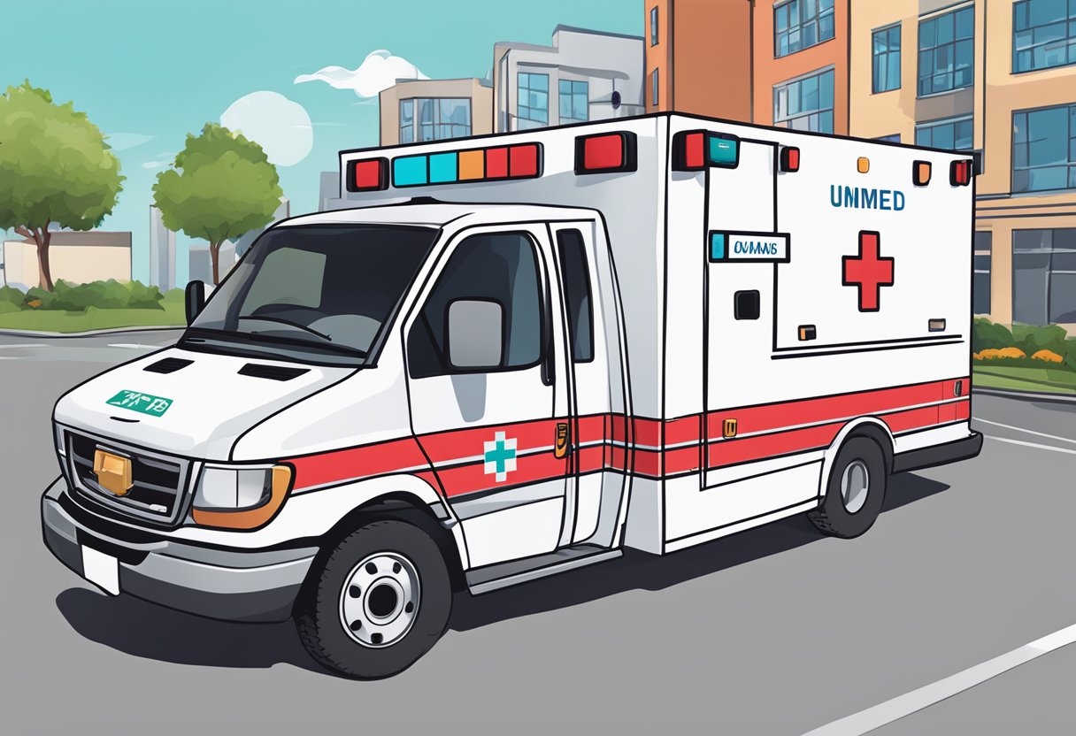 A Unimed ambulance with a phone number on the side, surrounded by other offers