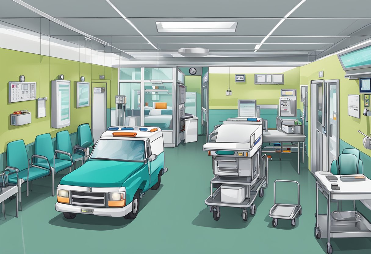 Ambulance types and regulations, depicted in a hospital setting with relevant signage and equipment