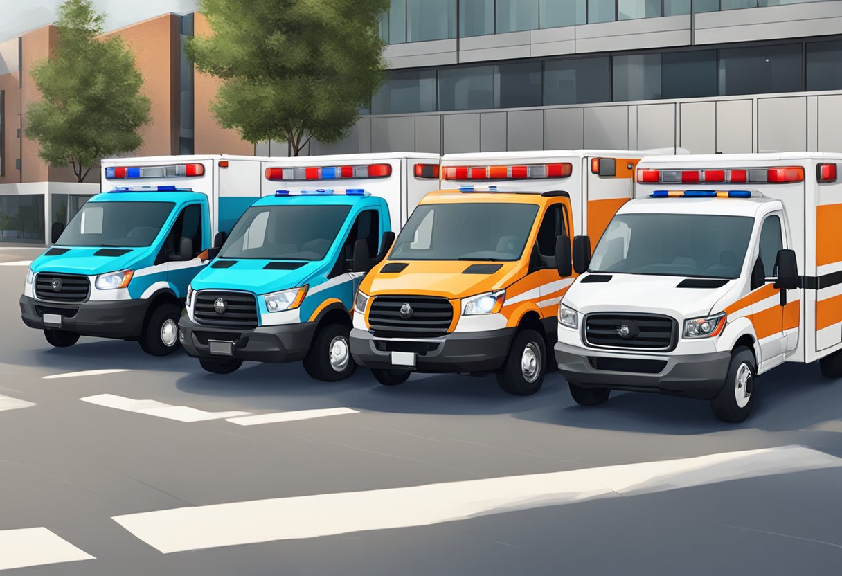 Multiple types of ambulances lined up at portaria 2048 for emergency response teams