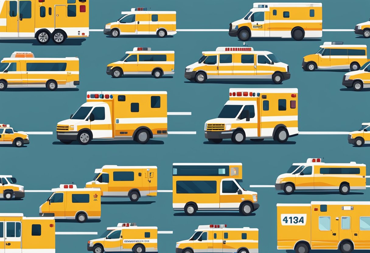 A variety of ambulances lined up outside a medical facility, labeled with different types of emergency response protocols according to portaria 2048