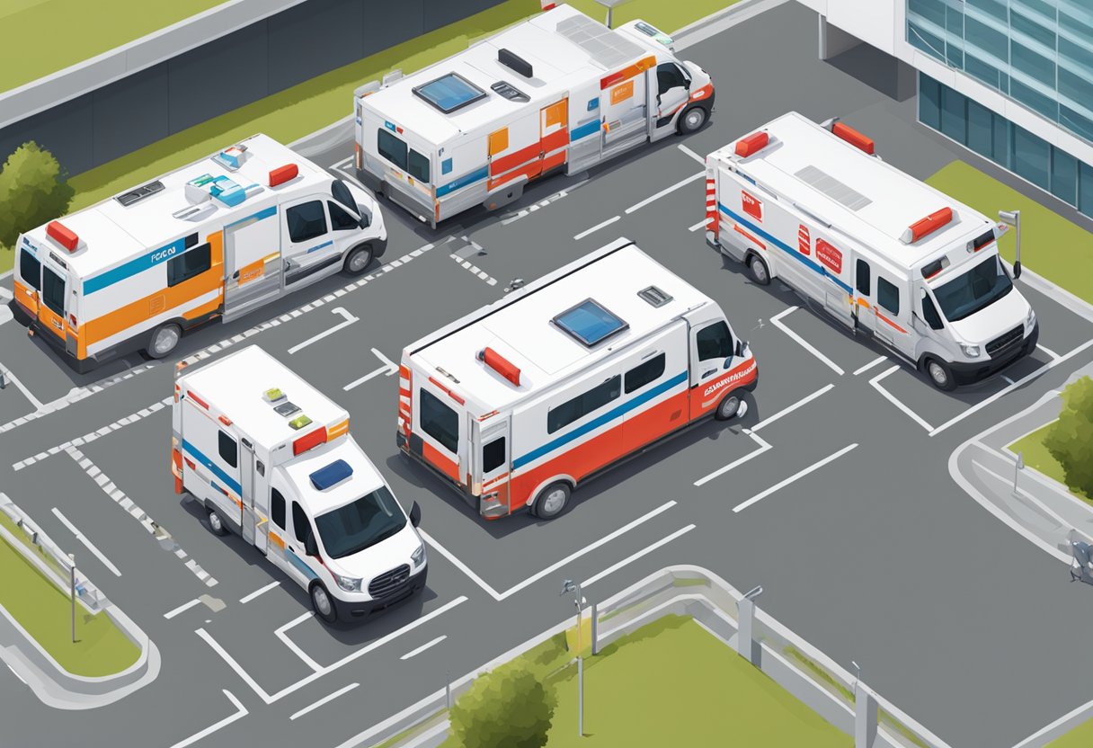 Various types of ambulances parked outside a support infrastructure building with a sign reading 'Portaria 2048'