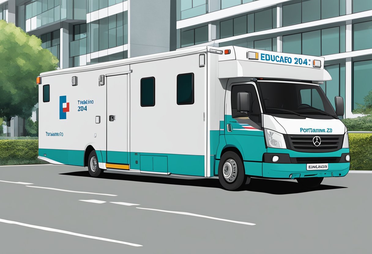 An ambulance parked outside a training facility, labeled with "Portaria 2048" and "Educação e Treinamento" signage