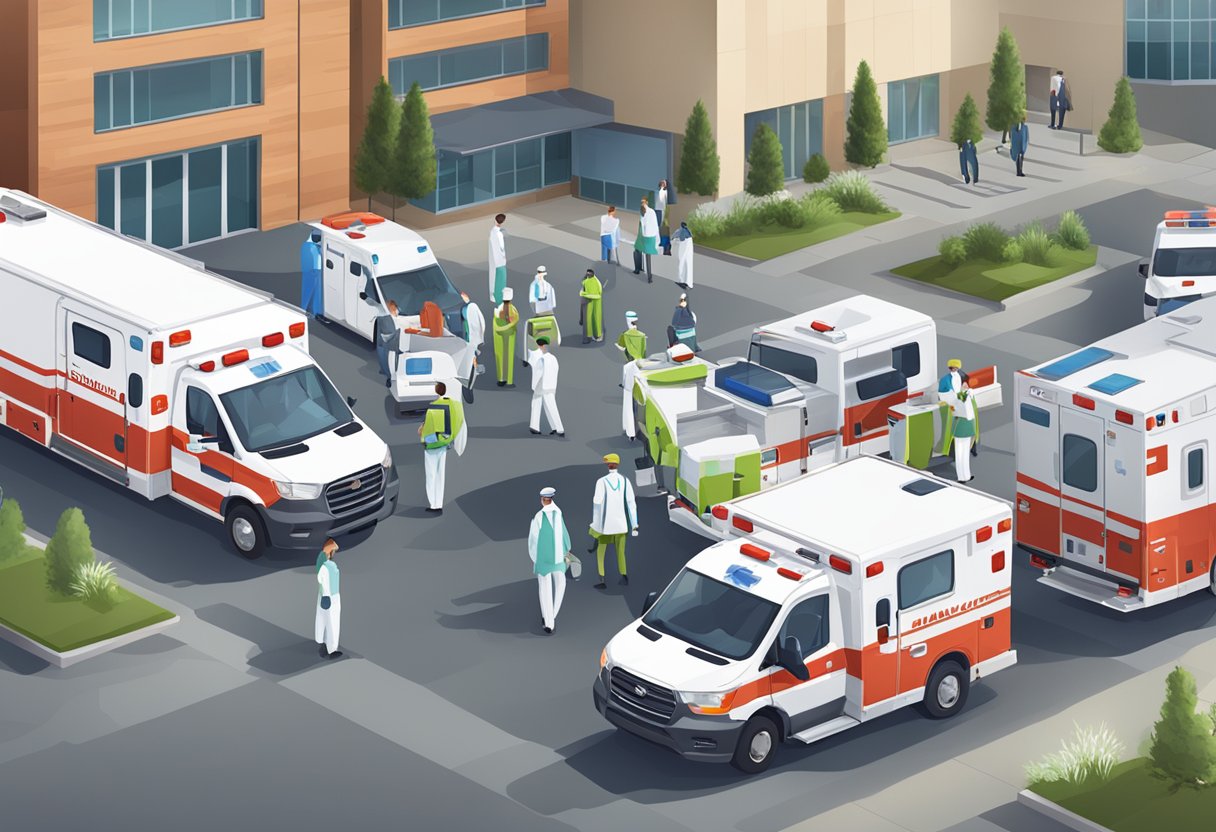 A variety of ambulance types lined up outside a medical facility, following the guidelines of Portaria 2048