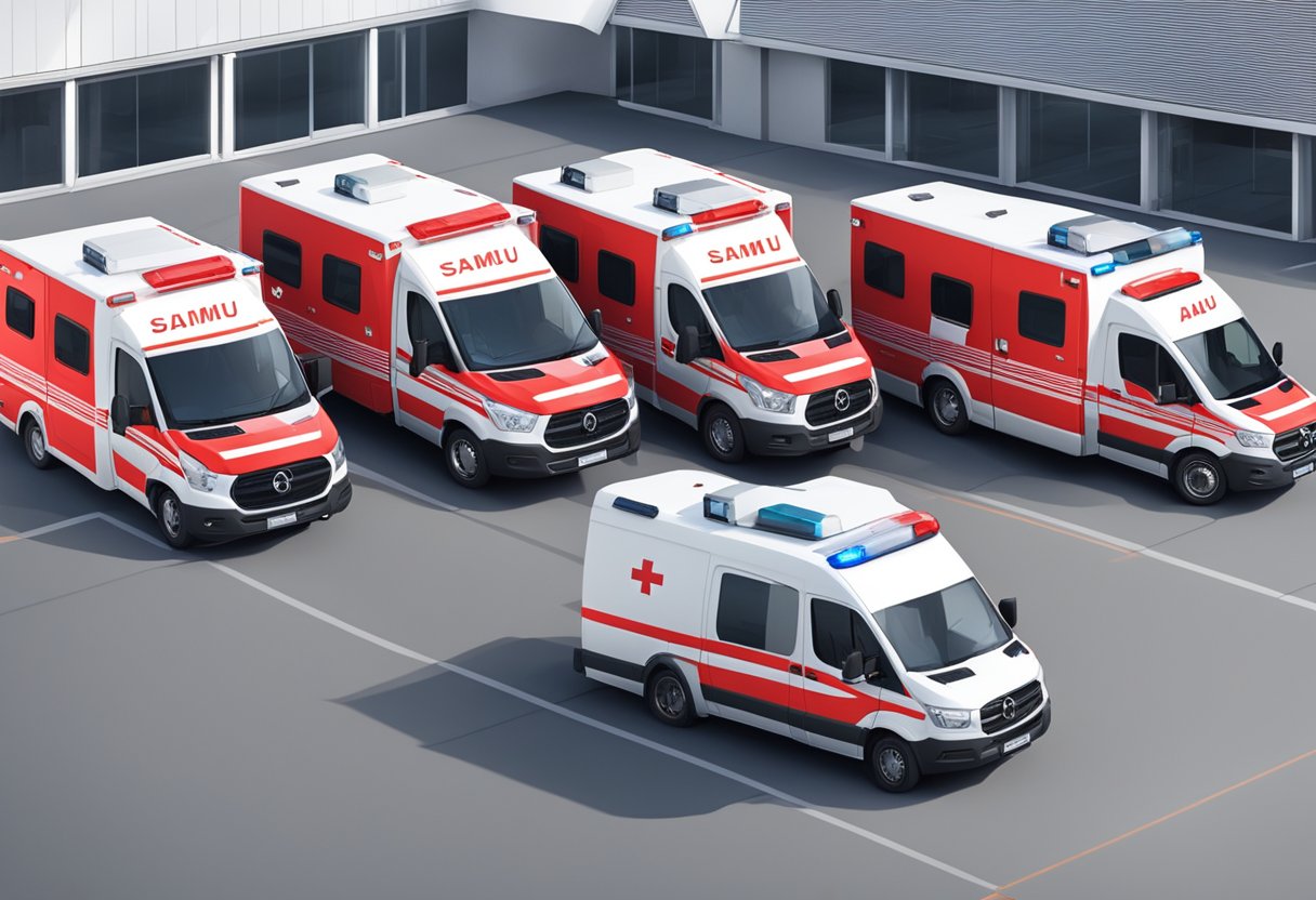 A fleet of SAMU ambulances parked in a row, each with its distinctive red and white color scheme and emergency lights on top