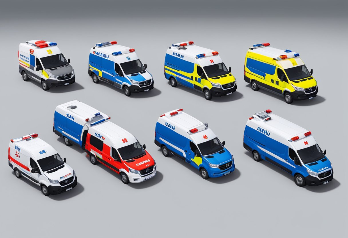 A fleet of SAMU ambulances stands ready, each specialized for different emergencies. From basic to advanced life support, they are equipped to handle a range of medical situations