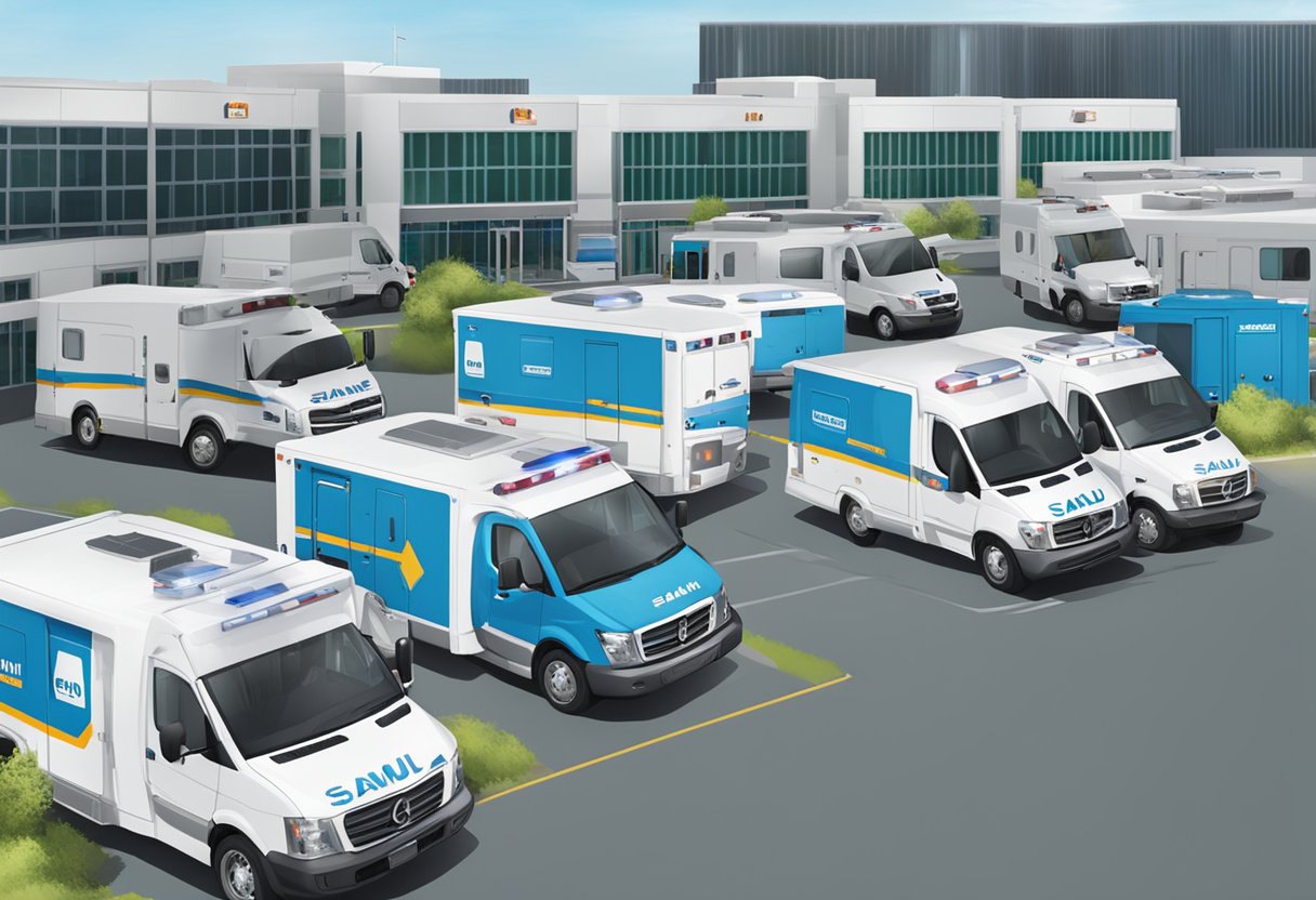 A fleet of SAMU ambulances parked near a medical facility, with infrastructure and equipment visible in the background