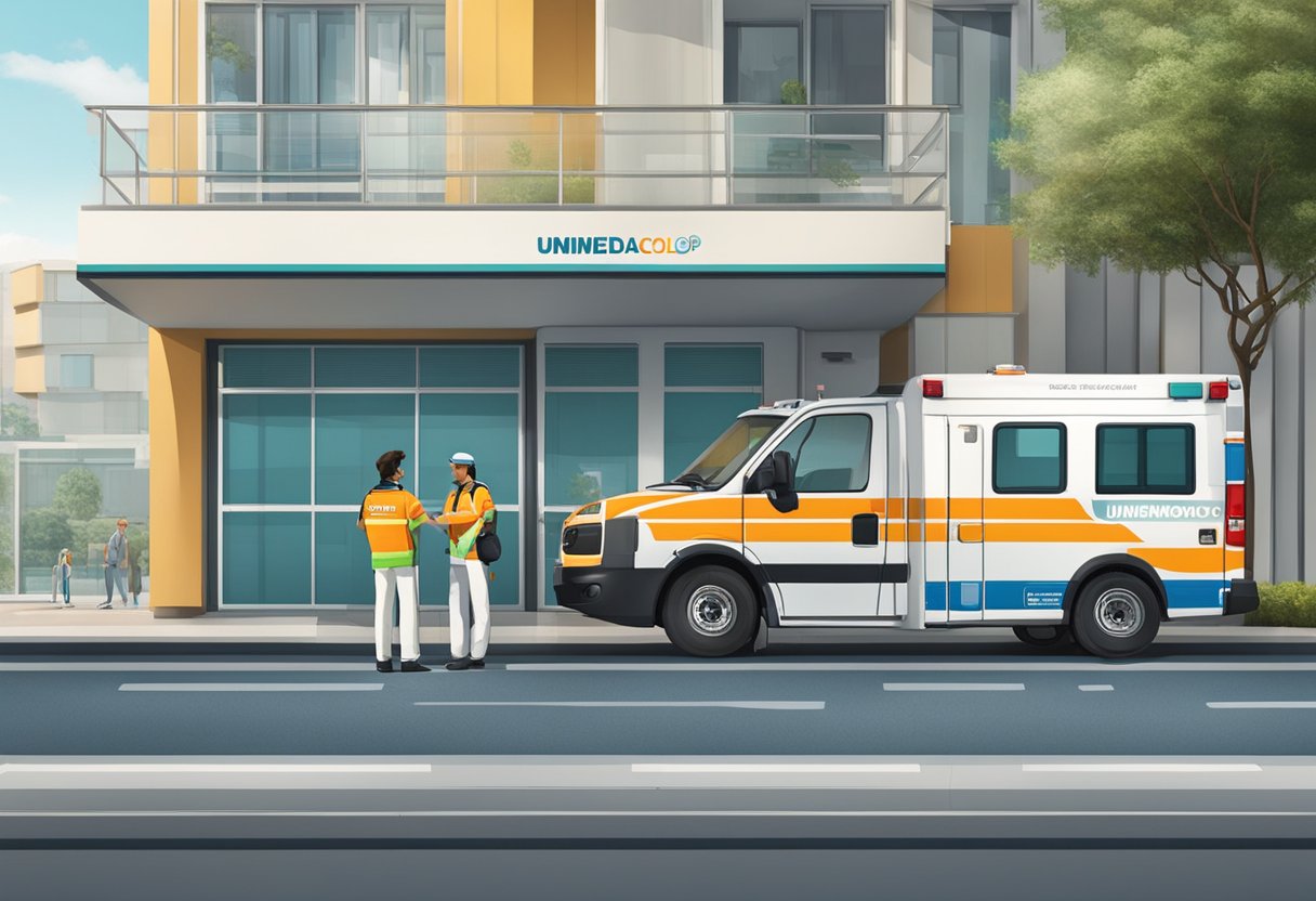 An ambulance with "Unimed Florianópolis" logo parked outside a building, with a person receiving support from a medical professional