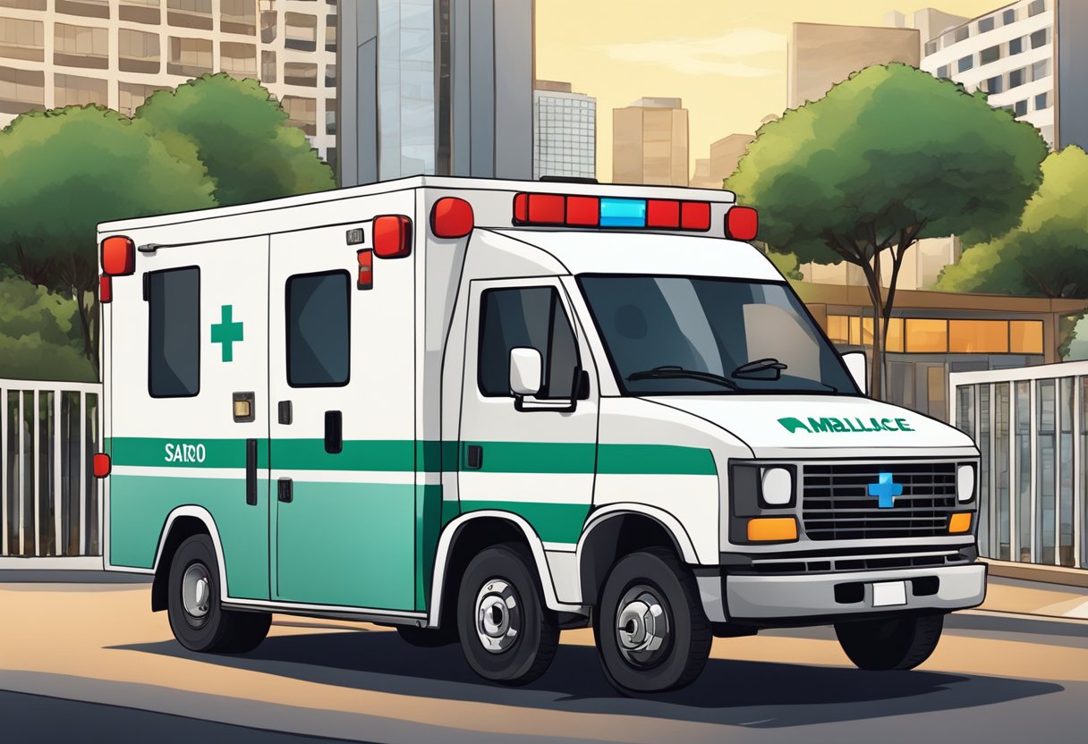 An ambulance parked outside a medical facility in São Paulo, with the city skyline in the background