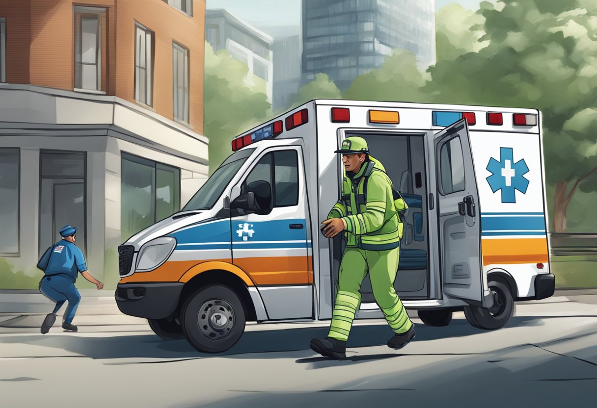 A paramedic rushes to a patient in need, while an ambulance stands ready in the background. The urgency of the situation is evident in the paramedic's swift movements and the focused expression on their face