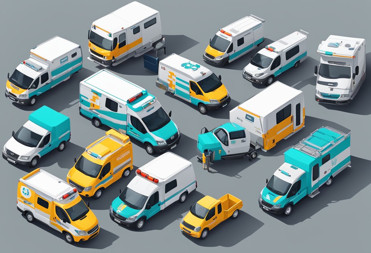 Various types of ambulances and medical equipment arranged for rental in São Paulo