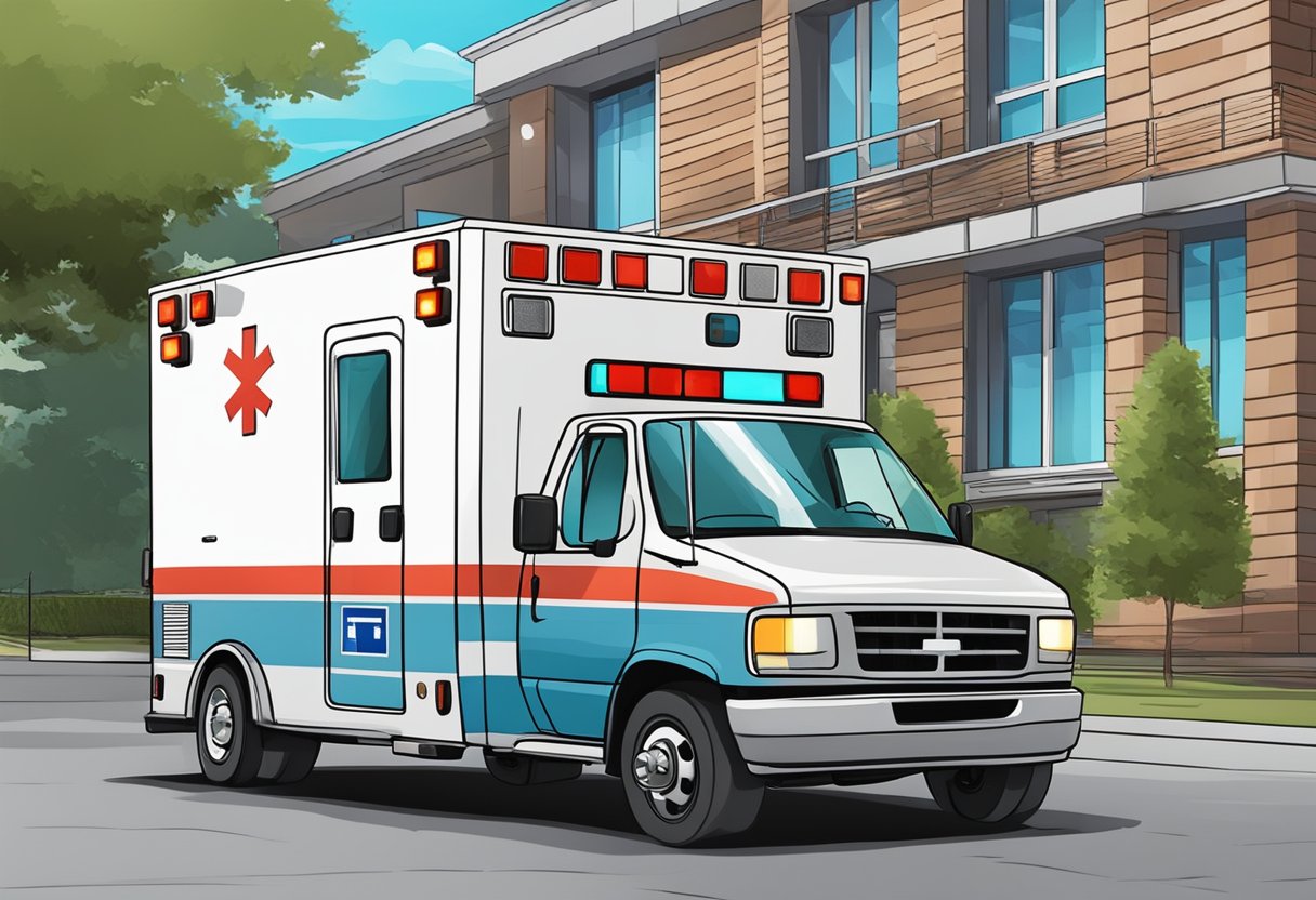 An ambulance parked outside a medical facility, with its lights flashing and a paramedic standing nearby