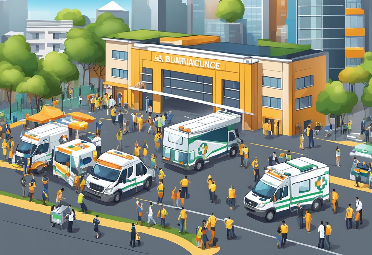 A bustling event venue with ambulance rental services in São Paulo, Brazil. Bright signage and busy staff attending to large-scale event needs